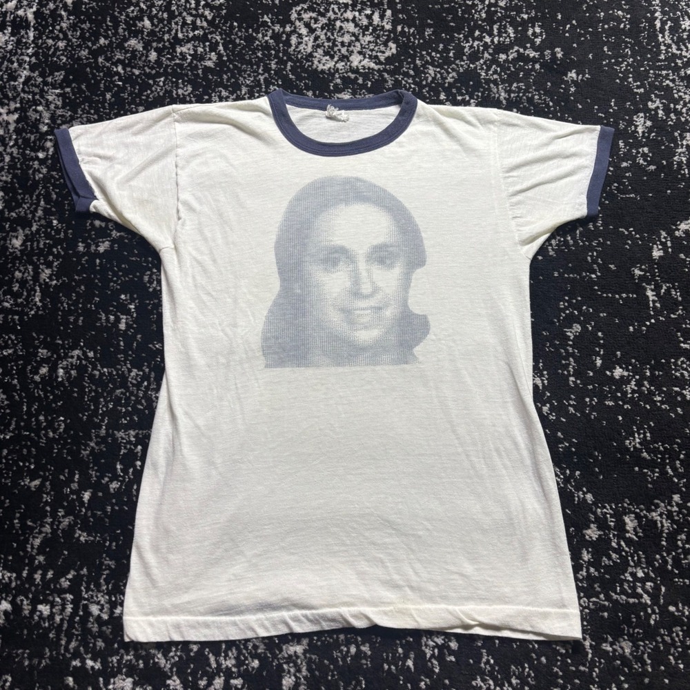 Vintage 70s Obscure Photograph Print Ringer T-Shirt White Navy Blue 50/50 Sz L - Picture 1 of 6